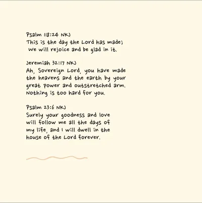 Three handwritten Bible verses on cream paper: Psalm 118:24, Jeremiah 32:17 and Psalm 23:6.